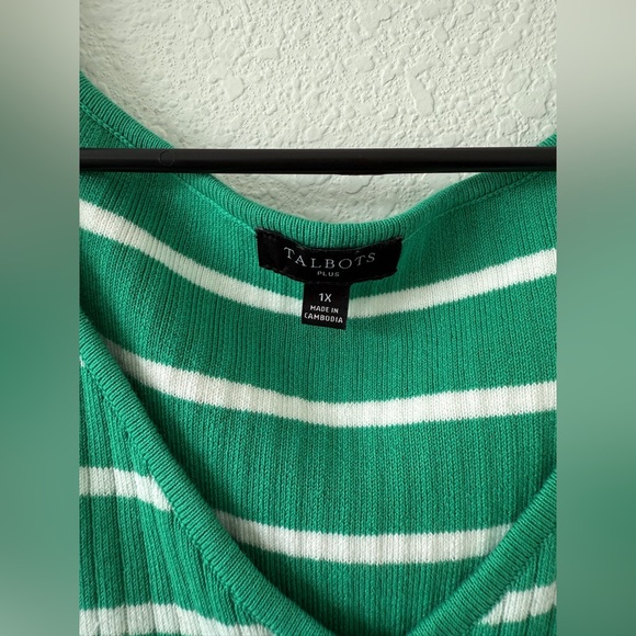 Talbots Green and White Striped Short Sleeve Top - Picture 2 of 6